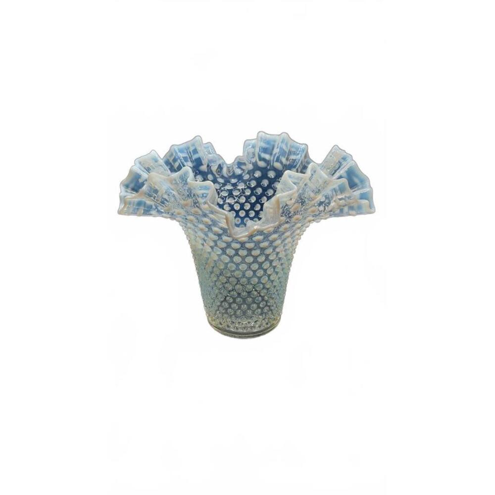 Vintage Fenton Moonstone Opalescent Hobnail Large Ruffled Vase 1940s